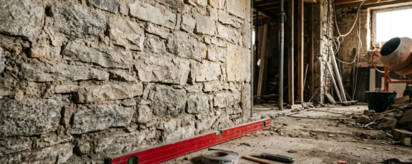 Vue isométrique en coupe d'une maison à trois niveaux montrant la structure architecturale avec des éléments de sécurité géométriques abstraits intégrés à chaque étage