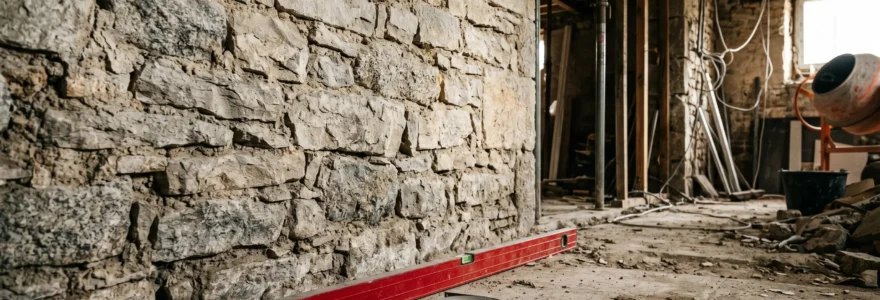 Vue isométrique en coupe d'une maison à trois niveaux montrant la structure architecturale avec des éléments de sécurité géométriques abstraits intégrés à chaque étage