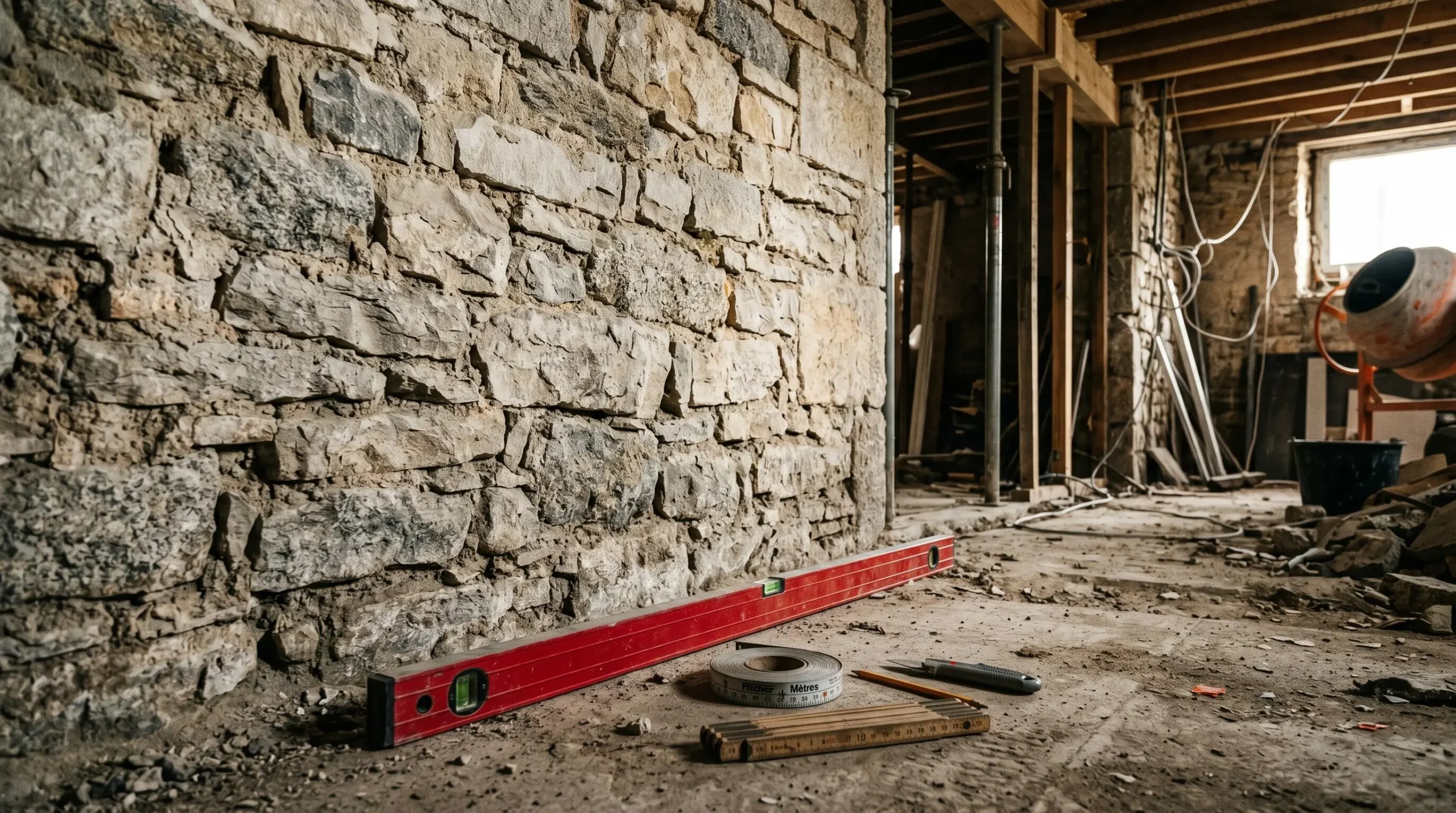 Vue isométrique en coupe d'une maison à trois niveaux montrant la structure architecturale avec des éléments de sécurité géométriques abstraits intégrés à chaque étage